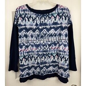 CHAPS Ralph Lauren - Navy Blue Print Drop Shoulder Long Sleeve  Knit Top size L